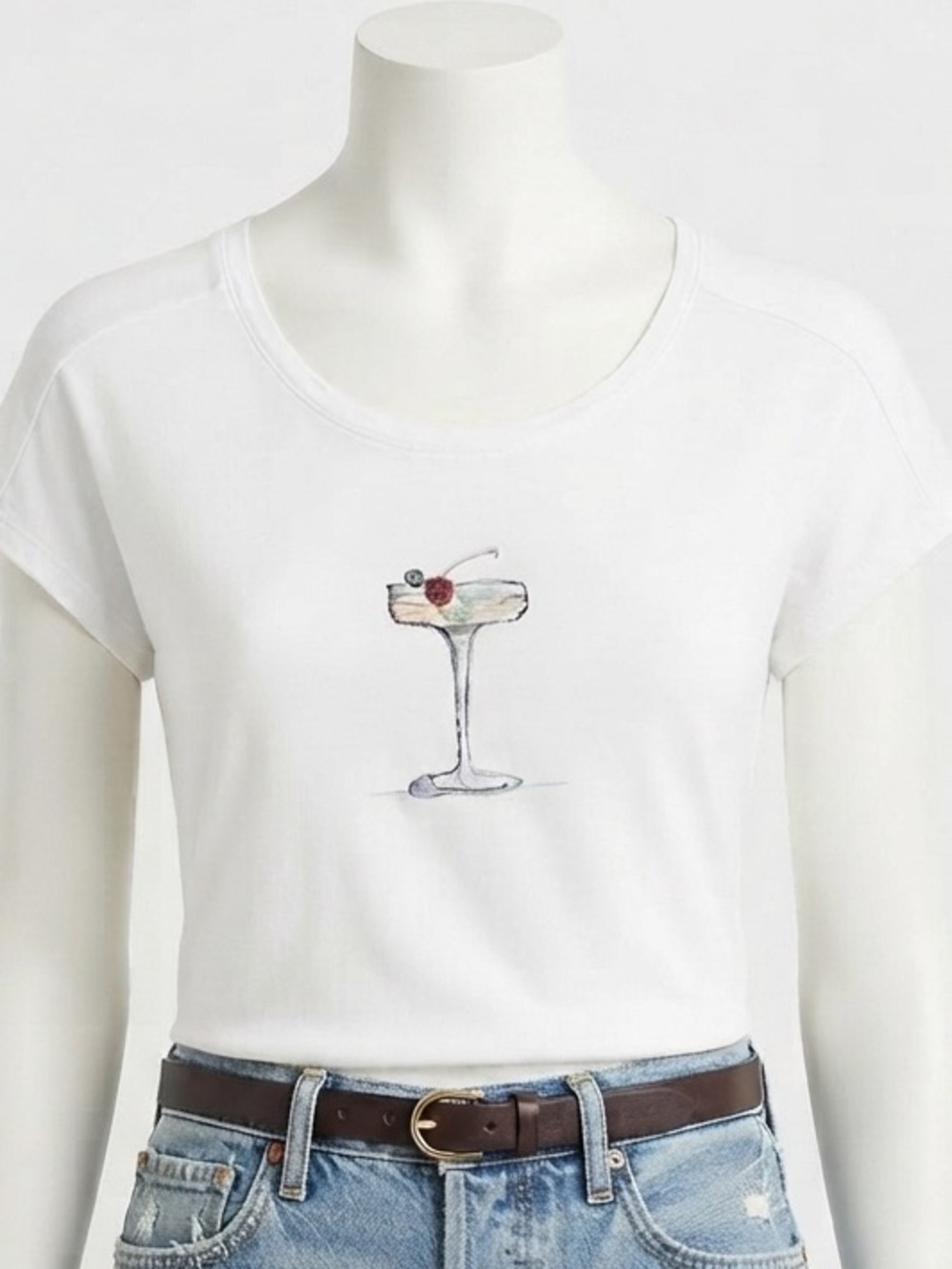Maeve White Cap Sleeve Tee with Cocktail Glass Graphic beaded cherry size S